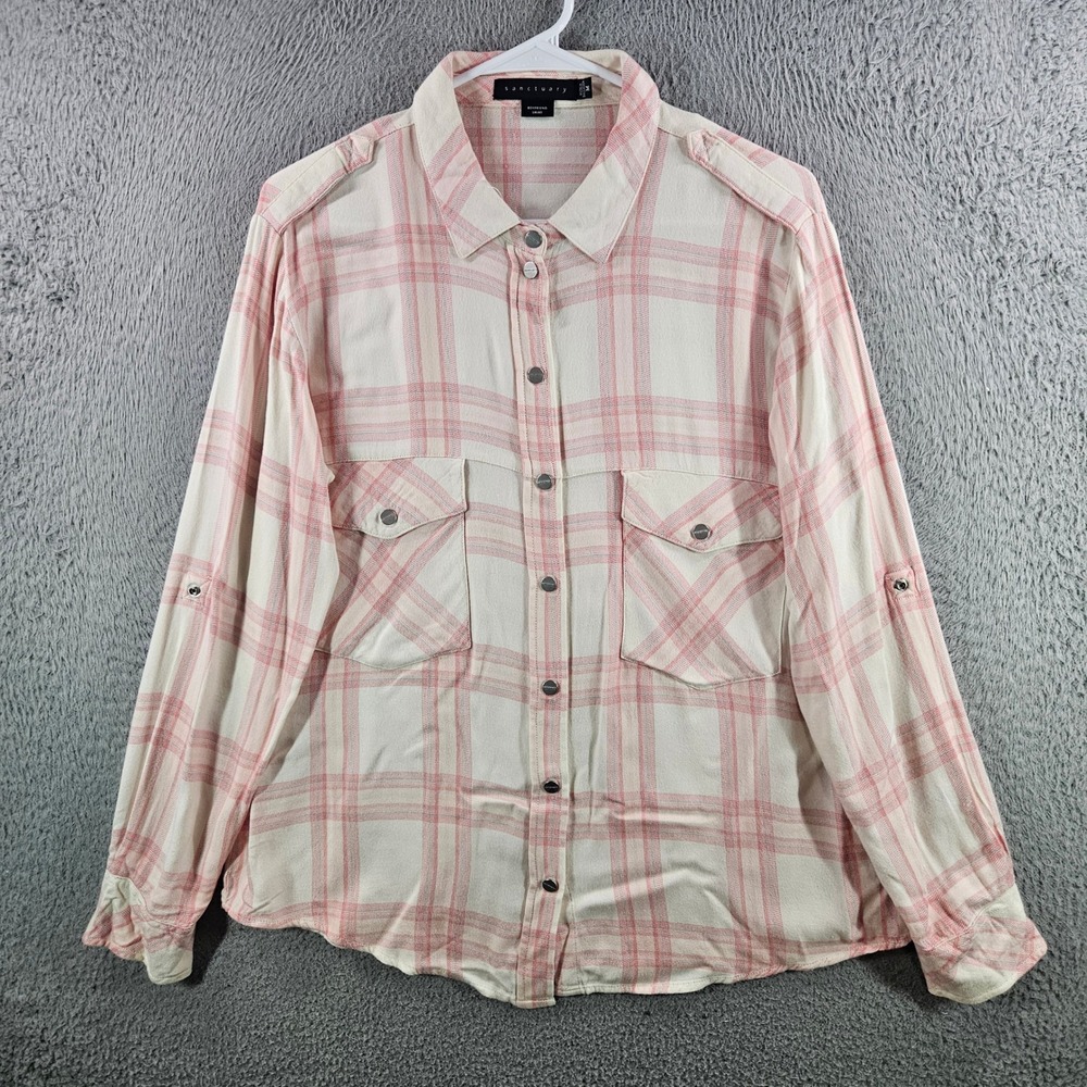Sanctuary Womens Boyfriend Shirt Pink Plaid Rayon Snap Button Down M